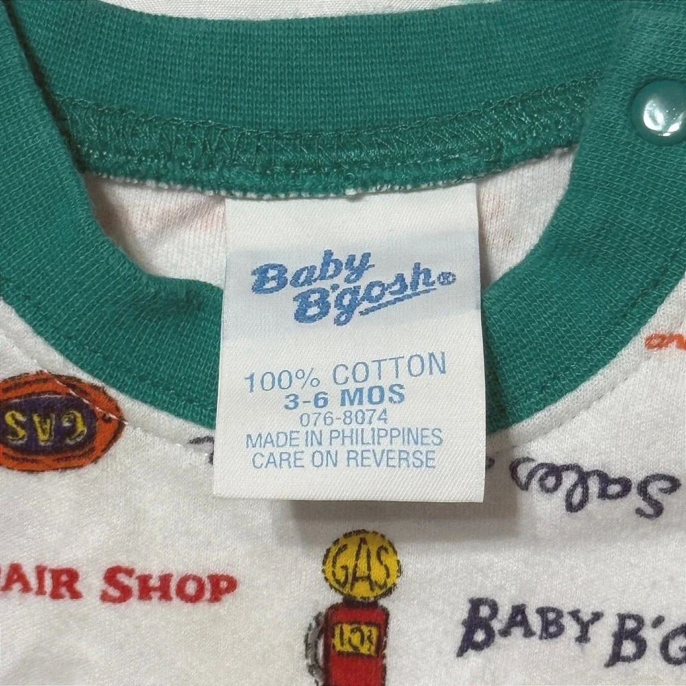 Vintage Baby B'Gosh Repair Shop Car Print Short Sleeve Bodysuit Green 3-6 Months